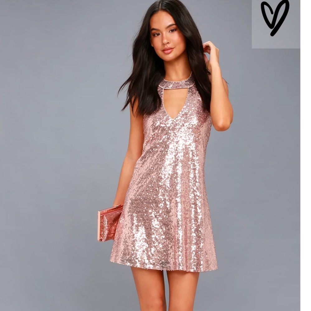 Lulus rose gold sequin cut out swing dress. NWT